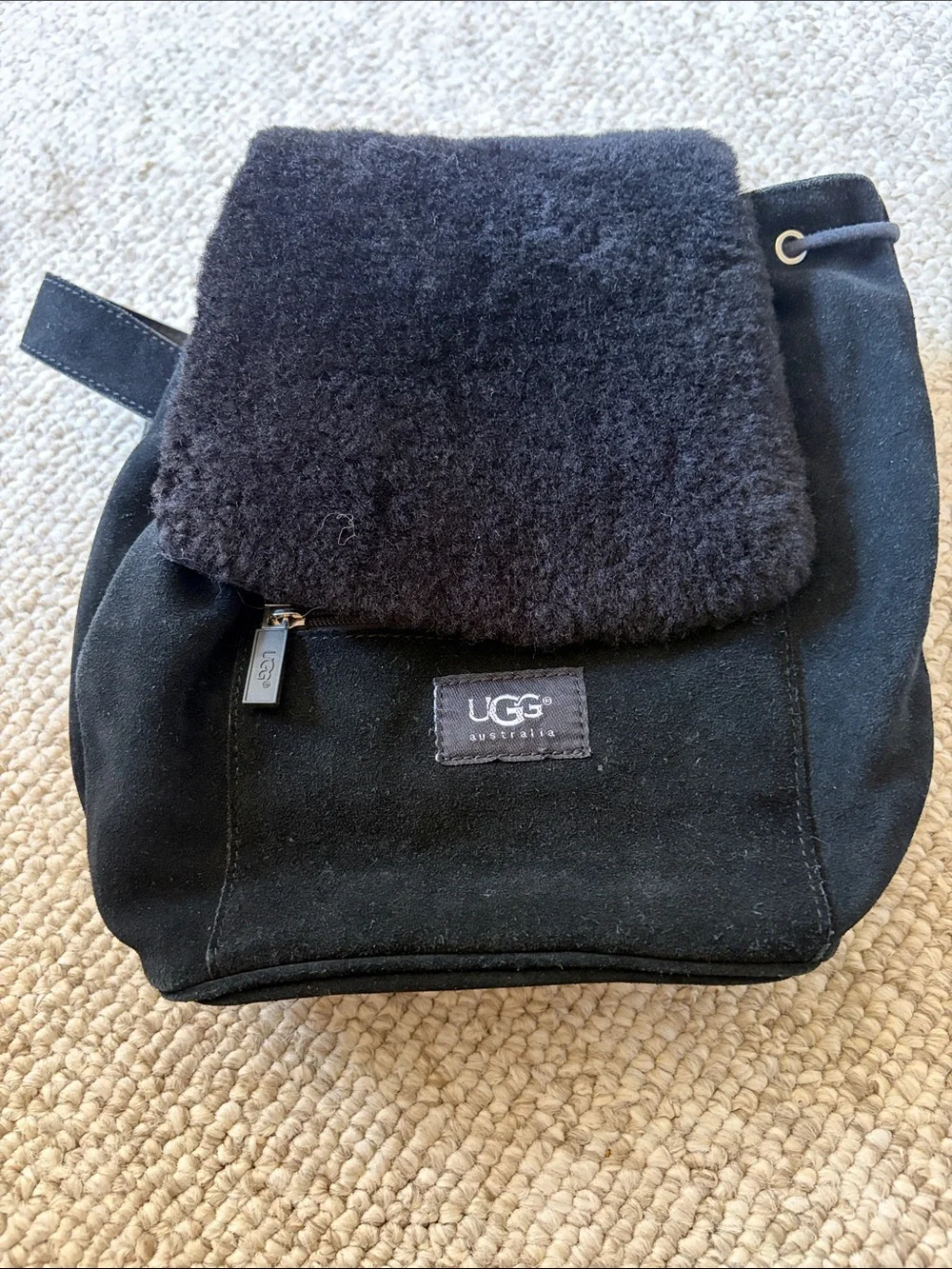 UGG Black Suede Backpack with Black Shearling Flap